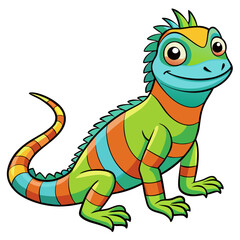 Fototapeta premium Cute cartoon green iguana lizard with orange and blue stripes isolated on white background