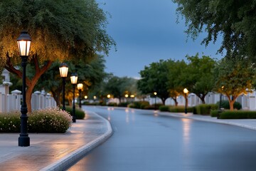 Fototapeta premium Peaceful suburban street at dusk with streetlights and lush trees reflecting on wet pavement