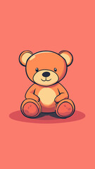 Fototapeta premium cute sitting teddy bear cartoon with round ears and soft pastel colors on coral background in minimalist vector style digital illustration