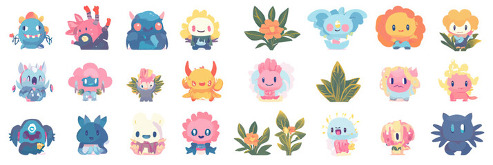 Collection of colorful chibi cute monster characters and minimalist flower elements in flat vector style with playful expressions and pastel colors