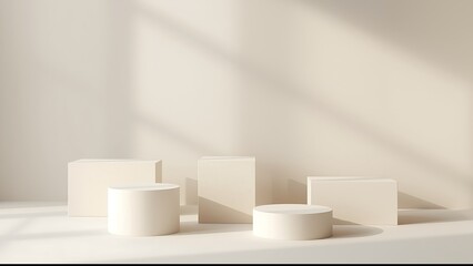 Minimalist beige podiums for product display and presentation, creating a modern and neutral scene with geometric shapes and soft lighting