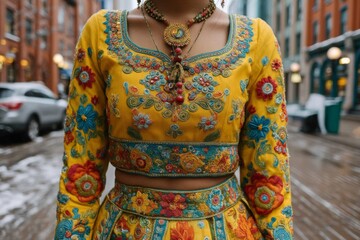 Colorful traditional attire on a vibrant street during winter festivities in a historic city