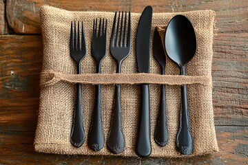 Black Cutlery Set on Burlap, Rustic Wooden Table Surface