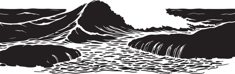 Waves crashing on rocks in silhouette image white backgrpound.