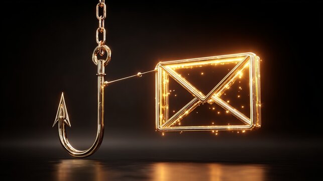 A creative representation of phishing, featuring a glowing hook and an email symbol, symbolizing online security threats.