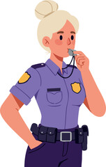 Obraz premium Female Police Officer in Uniform Whistling and Standing with Hand in Pocket Vector Illustration 