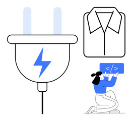 Large electric plug with lightning bolt, shirt outline, woman coding on laptop. Ideal for energy, electricity, coding, innovation, creativity, software development simple landing page