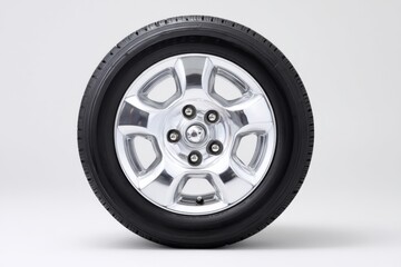 Obraz premium Shiny chrome wheel with black tire on a neutral background showcasing automotive design details