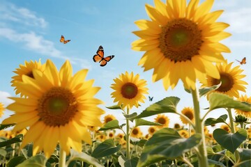 Obraz premium Sunflower field under bright blue summer sky