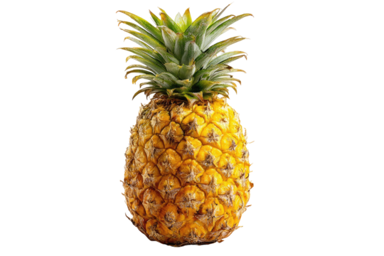 Close-up of a ripe pineapple.  Bright yellow skin,  studded with small,  distinct bumps.  Green fronds at the top.  Isolated on black background
