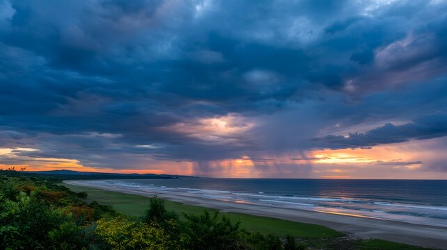 Dramatic sunset seascape with captivating light beams shining through a stormy sky over a tropical beach