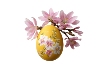 Yellow Easter egg, adorned with pink flowers, surrounded by blossoming branches