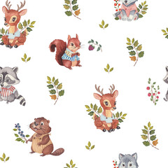 Obraz premium Seamless watercolor pattern with cute forest animals on a png transparent background. Hand-painted illustration for children's textiles, wallpaper and decor.