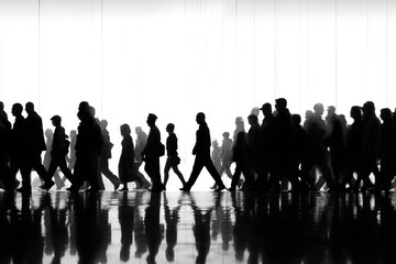 Crowds of people walking in silhouette against a bright, abstract background in a modern urban setting