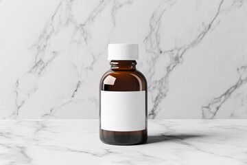 Amber bottle with blank label on marble surface