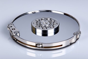 Hard drive component showcasing shiny metal parts and intricate details under soft lighting in a studio setting