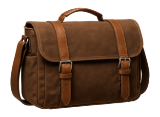 Stylish brown leather messenger bag with adjustable strap and buckle accents on transparent background.