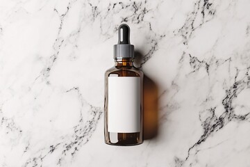 Amber glass dropper bottle with blank label on marble