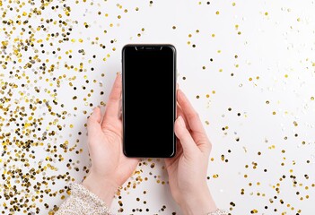 Smartphone held in hands, surrounded by gold glitter