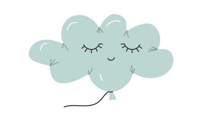 Balloon cloud, highlighted on white background. Helium foil balloon on rope. Cute balloon with closed eyes. Flat color isolated illustration. Birthday, party concept. Vector children's, sleeping
