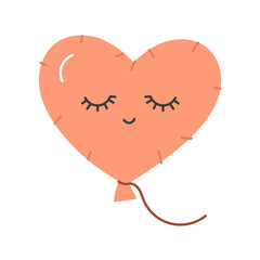 Heart balloon highlighted on a white background. Helium foil balloon on a rope. Cute balloon with closed eyes. Flat color isolated illustration. Birthday and party concept. Vector children's, sleeping