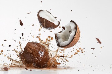 Exploding Coconut with Splashing Liquid on White Backdrop