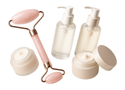 Skincare set with a pink facial roller, two pump bottles, and two cream jars on transparent background.