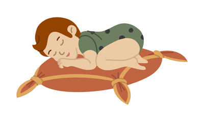 A newborn baby lies on a tasseled pillow. A green polka-dot bodysuit. A soft pillow holds a newborn baby. Sleeping peacefully on its stomach, good night. A flat color isolated illustration. vector