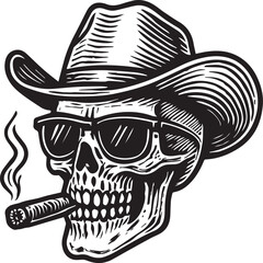 skull wearing cowboy hat and smoking a cigar vector illustration