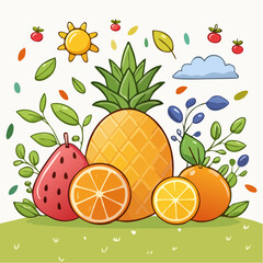 Delightful assortment of colorful tropical fruits under a sunny sky in cartoon style