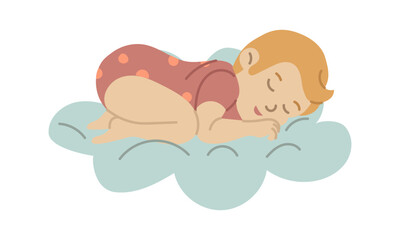 A newborn baby lies on a cloud. Pink polka-dot bodysuit, girl. A fluffy cloud holds a newborn baby. Sleeping peacefully on its belly, good night. Flat color isolated illustration. vector