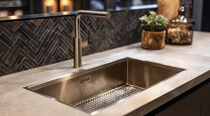 Sleek stainless steel sink in a modern kitchen.  Dark, patterned backsplash