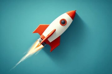 Rocket launches against blue background, creating a sense of adventure and innovation