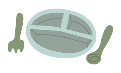 Baby tableware for a toddler. Plate, fork, spoon on white. Silicone blue plate with divisions. Flat colored isolated illustration. Items for a small child to eat on their own. Universal food item.