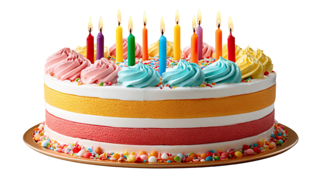 Festive Cake with Colorful Candles: A vibrantly decorated cake, adorned with colorful frosting and lit candles, evokes feelings of celebration and joy. It's the focal point of any memorable event.