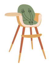Modern semi-sideways feeding chair. Wooden base and green textile. Green and yellow unisex. Flat color illustration for young children. Universal feeding item with straps, isolated on a white