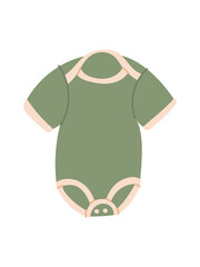 Green rivet bodysuit for newborns. Flat color isolated. Baby clothes for young children. Soft fabric clothing with rivets and open legs and arms. Casual, versatile clothing for the smallest children