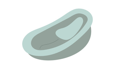 Baby bath for washing newborns, shallow depth, seating area. Flat color isolated illustration of a bathing item for small children. Blue element for baby hygiene is sideways. Baby shower, baby element