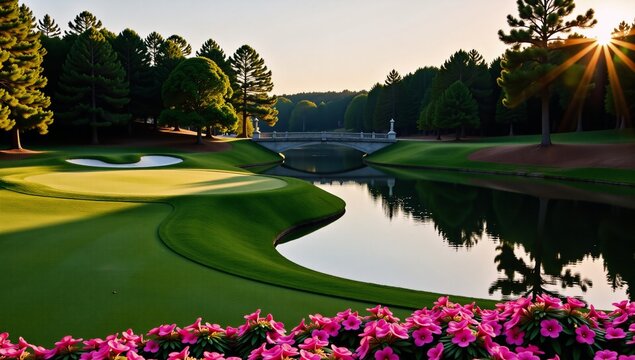 An impressionistic painting of Augusta National Golf Course at sunset with lush green grass pink azaleas and a serene pond