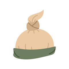 Baby hat on a white background. Unisex hat with a knot for a newborn. Baby hat. Flat color illustration. Baby head worn in summer, winter, and autumn. Universal baby hats. Green stripe, growing body