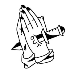 Tattoo illustration of praying hands and a dagger with text.