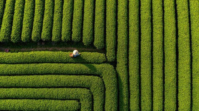 High-angle view of a meticulously arranged tea plantation