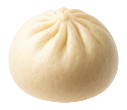 Round steamed bun with a soft, smooth texture and pinched top, commonly used in Asian cuisine for savory or sweet fillings on transparent background.
