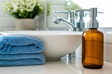 Modern bathroom interior with sink, towels, and soap dispenser