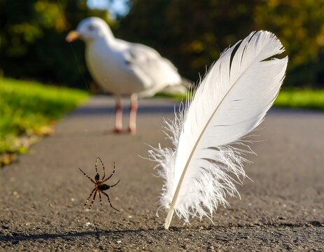 Bird feather, spider, and path