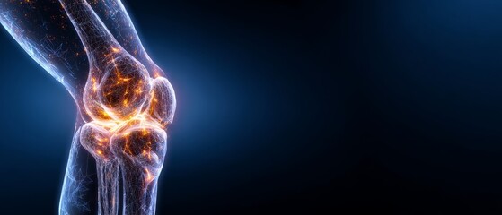 Glowing knee joint on blue background with copy space, medical anatomy concept for health and fitness.