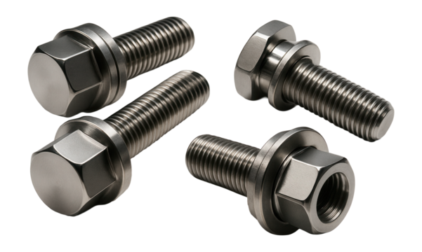 Four metallic, hexagonal bolts and nuts arranged neatly, showcasing their shiny threaded design and precision engineering on transparent background.