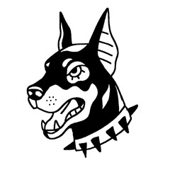 A vintage style drawing of a Doberman head with a collar