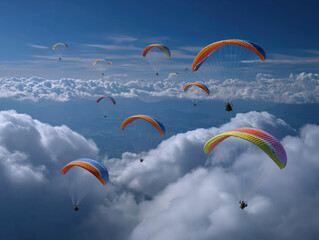 Colorful paragliders soaring through a bright blue sky above fluffy white clouds, creating a vibrant scene of adventure and freedom in the open air