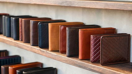 Shelves feature multiple wallets made of different materials and shades, organized neatly in a retail environment. This vibrant display attracts potential customers by emphasizing quality and style